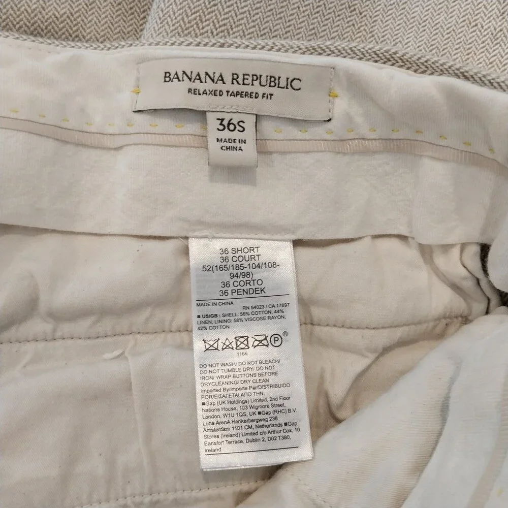 Banana Republic Linen Blend Pants Men 36x26 Beige Herringbone Tweed Relax Cuffed